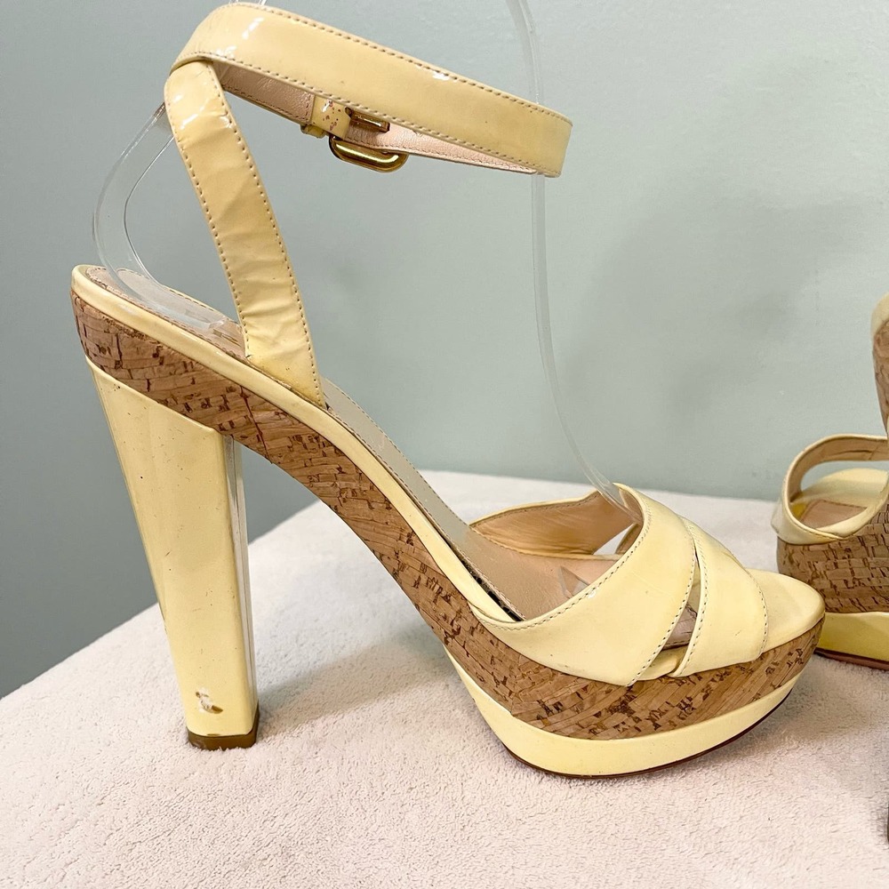 PRADA Women's Yellow Leather Ankle Strap Cork High Heels Sandal Size 36.5 - Picture 11 of 16